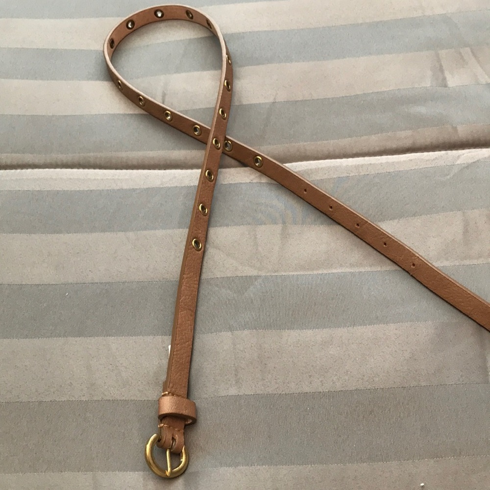 Skinny Belt Tan with Grommets in Gold Size Small